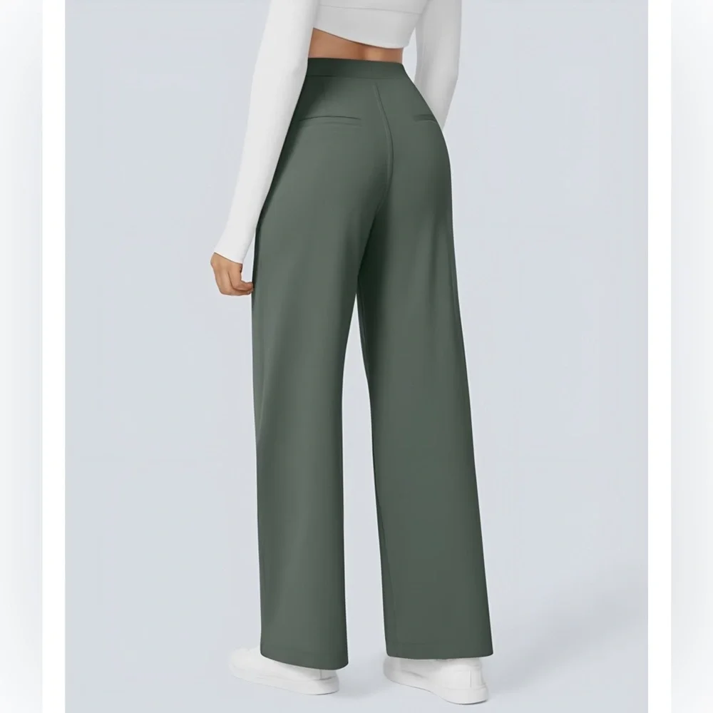 Daystretch High Waisted Pocket Straight Leg Work Pants Size M Petite Green - Picture 2 of 5